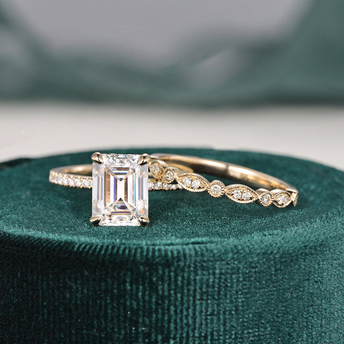 2.50 CT Emerald Cut Solitaire Style Moissanite Bridal Ring Set 5 2.50 CT Emerald Cut Solitaire Style Moissanite Bridal Ring Set 5