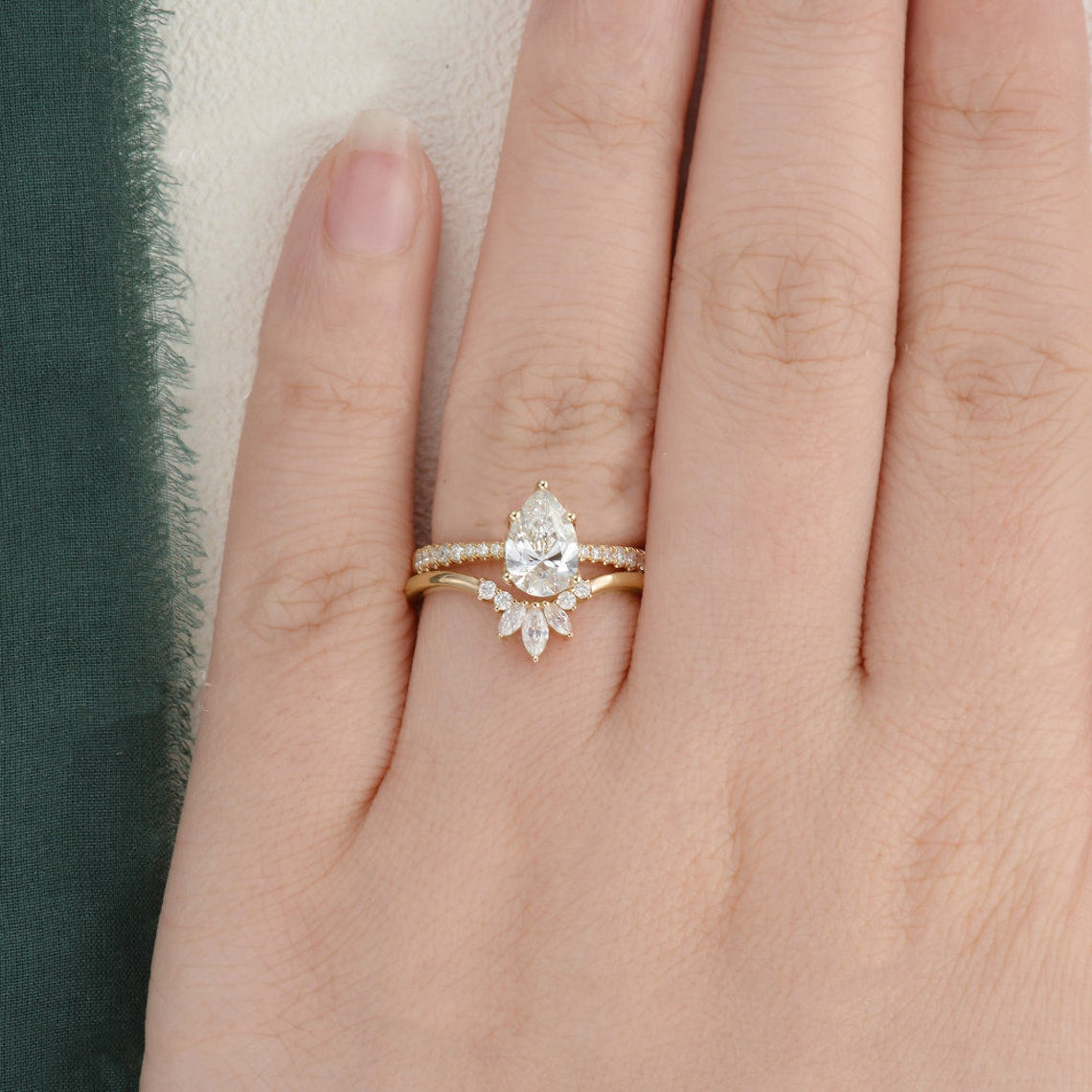1.0 CT Pear Cut Solitaire Pave Setting Moissanite Bridal Ring Set 2 1.0 CT Pear Cut Solitaire Pave Setting Moissanite Bridal Ring Set 2