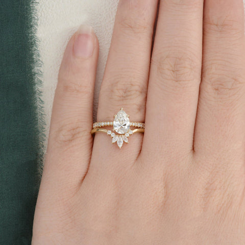 1.0 CT Pear Cut Solitaire Pave Setting Moissanite Bridal Ring Set 2 1.0 CT Pear Cut Solitaire Pave Setting Moissanite Bridal Ring Set 2