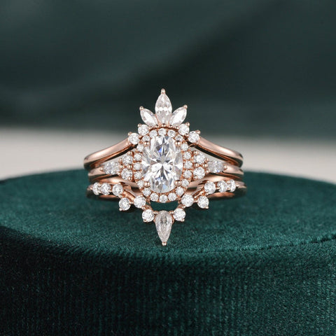 1.0 CT Oval Cut Cluster Halo Moissanite Bridal Ring Set 1 1.0 CT Oval Cut Cluster Halo Moissanite Bridal Ring Set 1