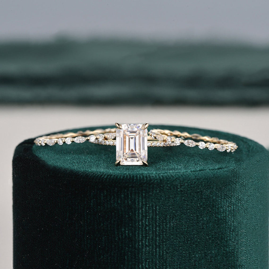 2.50 CT Emerald Cut Solitaire Style Moissanite Bridal Ring Set 4 2.50 CT Emerald Cut Solitaire Style Moissanite Bridal Ring Set 4