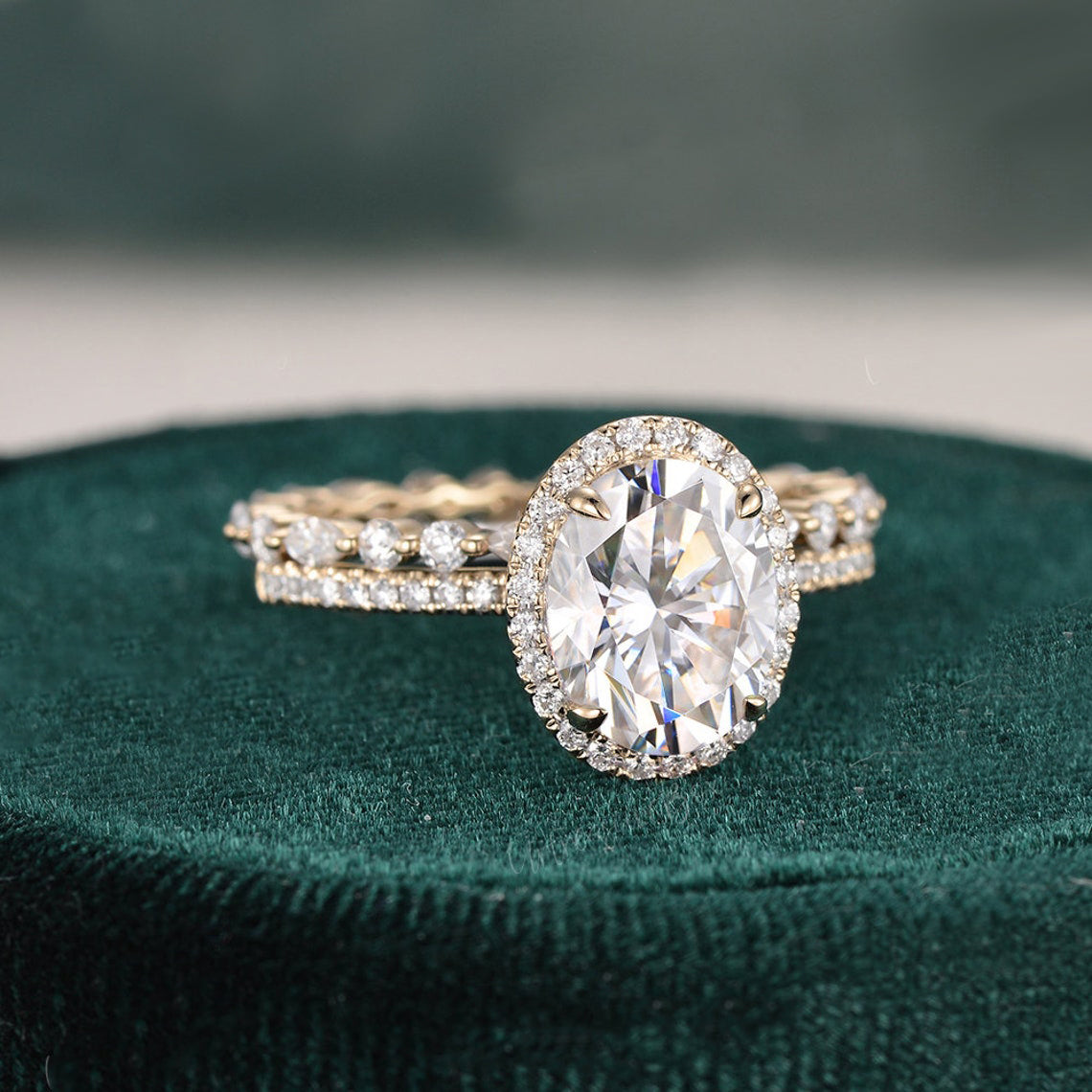 2.0 CT Oval Cut Halo Moissanite Bridal Ring Set 5 2.0 CT Oval Cut Halo Moissanite Bridal Ring Set 5