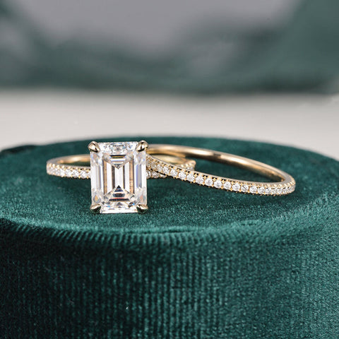 1.50 CT Emerald Cut Hidden Halo Moissanite Bridal Ring Set 5 1.50 CT Emerald Cut Hidden Halo Moissanite Bridal Ring Set 5