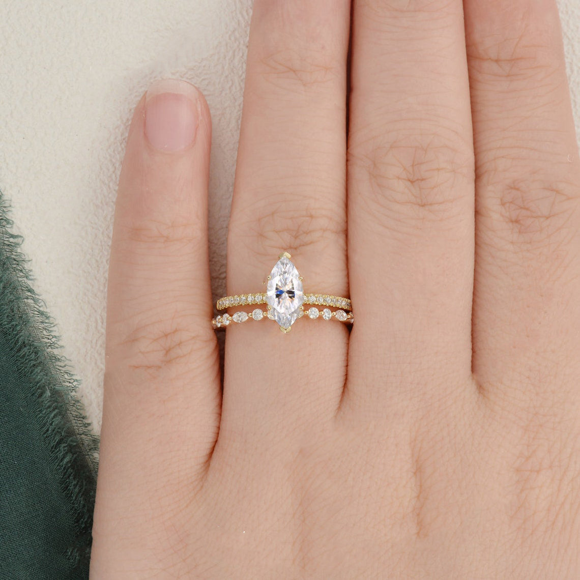 1.0 CT Marquise Cut Solitaire Pave Moissanite Bridal Ring Set 2 1.0 CT Marquise Cut Solitaire Pave Moissanite Bridal Ring Set 2