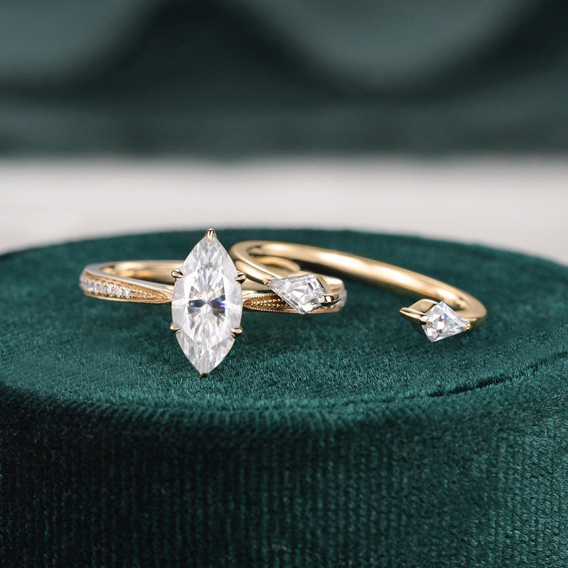 1.0 CT Marquise Cut Pave Moissanite Bridal Ring Set 3 1.0 CT Marquise Cut Pave Moissanite Bridal Ring Set 3