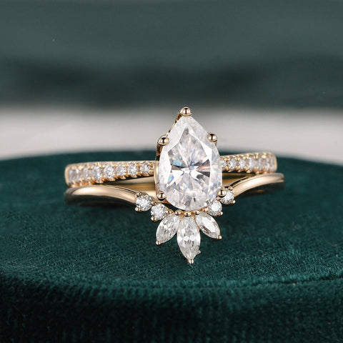 1.0 CT Pear Cut Solitaire Pave Setting Moissanite Bridal Ring Set 3 1.0 CT Pear Cut Solitaire Pave Setting Moissanite Bridal Ring Set 3