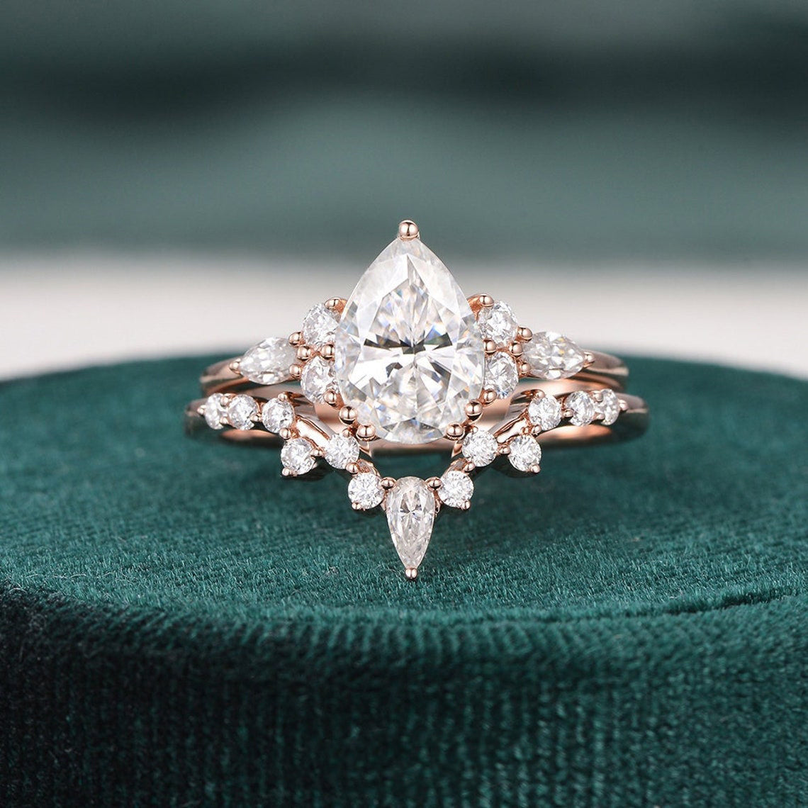 1.50 CT Pear Cut Cluster Moissanite Bridal Ring Set 1 1.50 CT Pear Cut Cluster Moissanite Bridal Ring Set 1