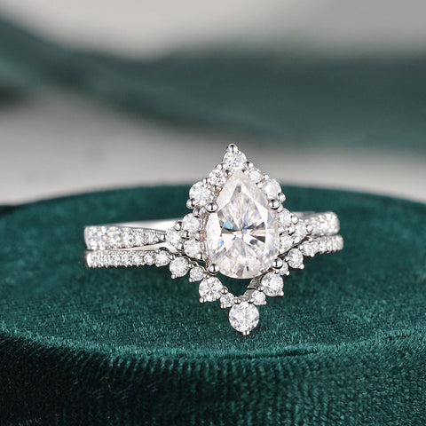 1.50 CT Pear Cut Cluster Moissanite Bridal Ring Set 3 1.50 CT Pear Cut Cluster Moissanite Bridal Ring Set 3