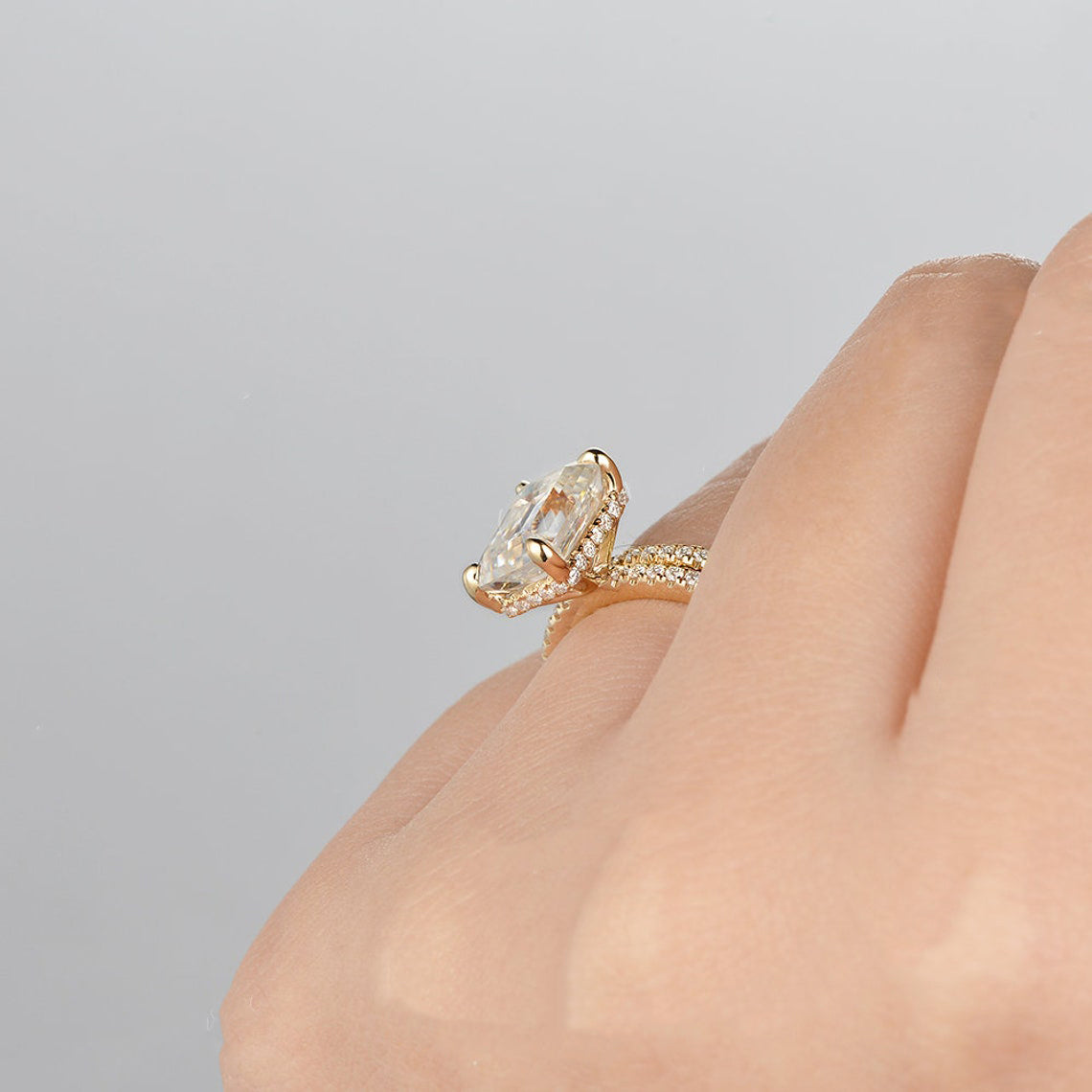 1.50 CT Emerald Cut Hidden Halo Moissanite Bridal Ring Set 3 1.50 CT Emerald Cut Hidden Halo Moissanite Bridal Ring Set 3