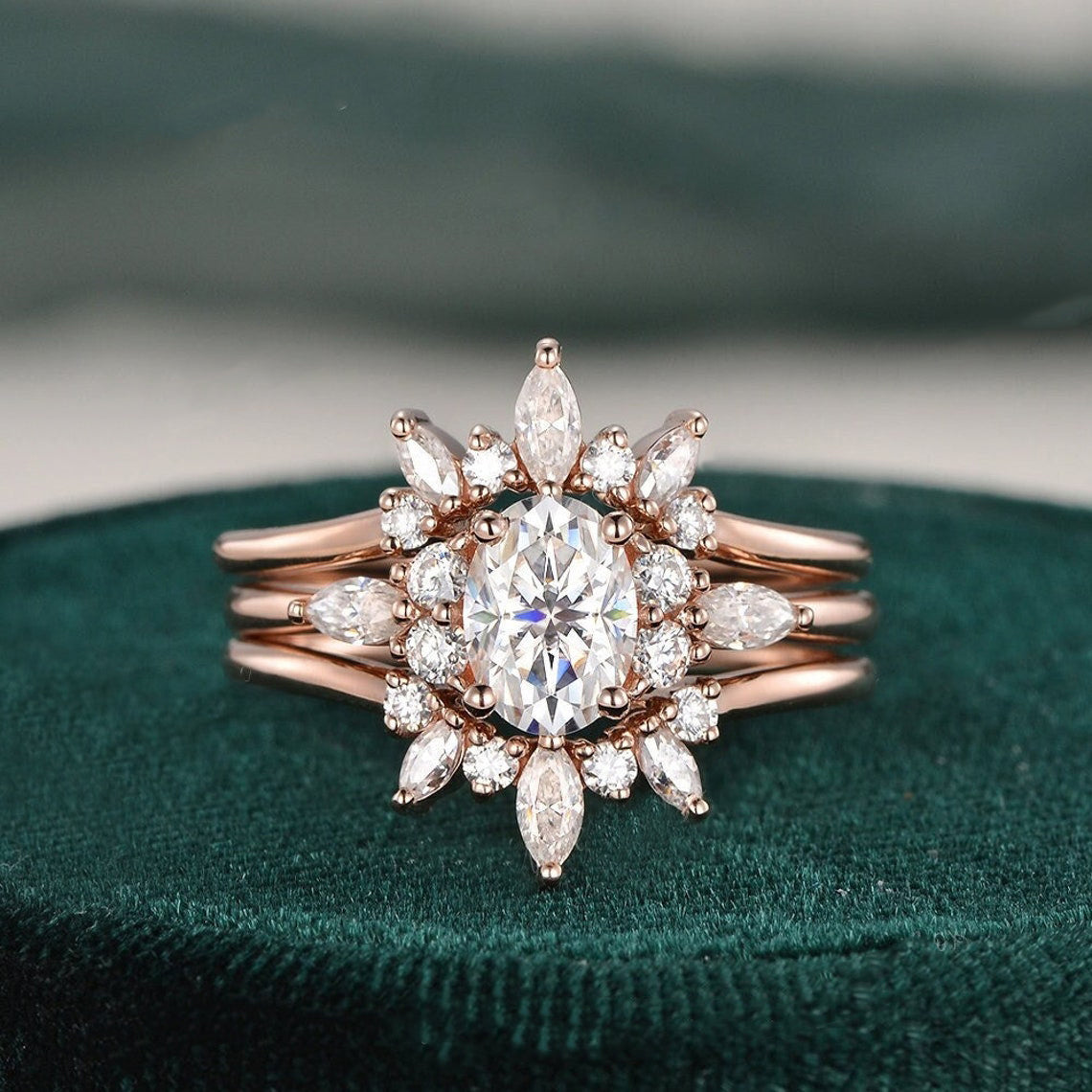 1.0 CT Oval Cut Cluster Moissanite Bridal Ring Set 1 1.0 CT Oval Cut Cluster Moissanite Bridal Ring Set 1