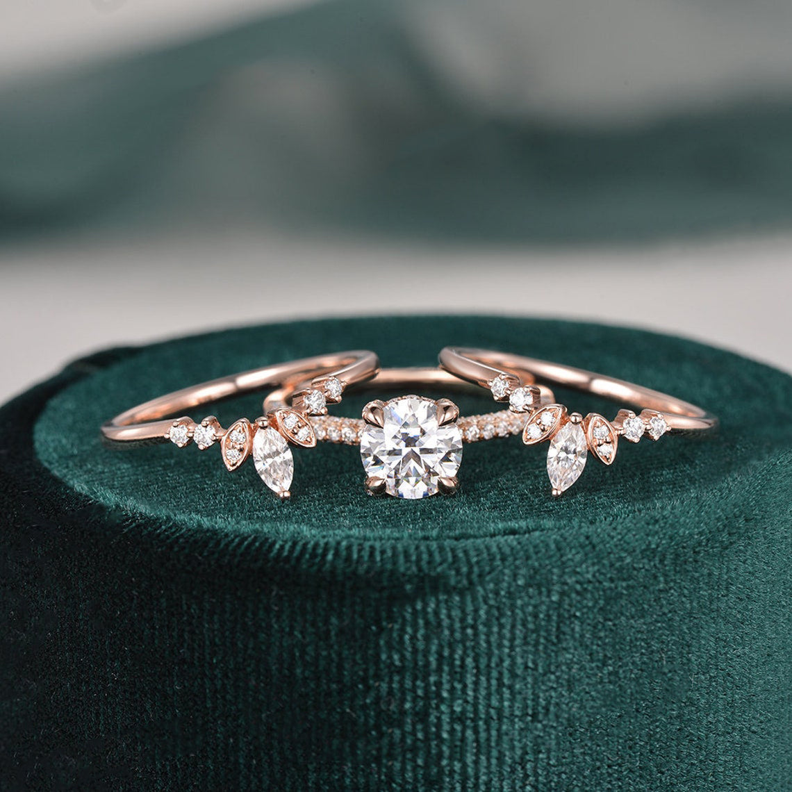 1.0 CT Round Cut Hidden Halo Moissanite Bridal Ring Set 3 1.0 CT Round Cut Hidden Halo Moissanite Bridal Ring Set 3
