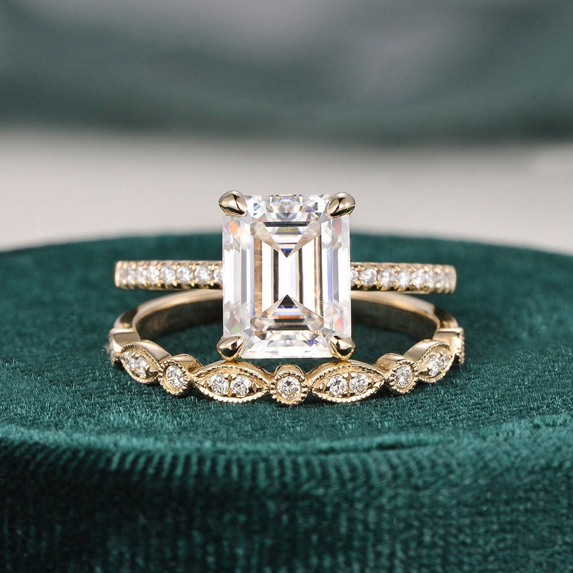 2.50 CT Emerald Cut Solitaire Style Moissanite Bridal Ring Set 1 2.50 CT Emerald Cut Solitaire Style Moissanite Bridal Ring Set 1