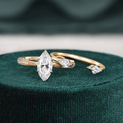 1.0 CT Marquise Cut Pave Moissanite Bridal Ring Set 3 1.0 CT Marquise Cut Pave Moissanite Bridal Ring Set 3