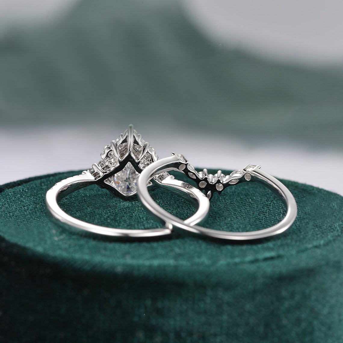 1.50 CT Pear Cut Cluster Art Deco Moissanite Bridal Ring Set 8 1.50 CT Pear Cut Cluster Art Deco Moissanite Bridal Ring Set 8