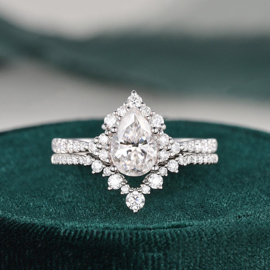 1.50 CT Pear Cut Cluster Moissanite Bridal Ring Set 1 1.50 CT Pear Cut Cluster Moissanite Bridal Ring Set 1