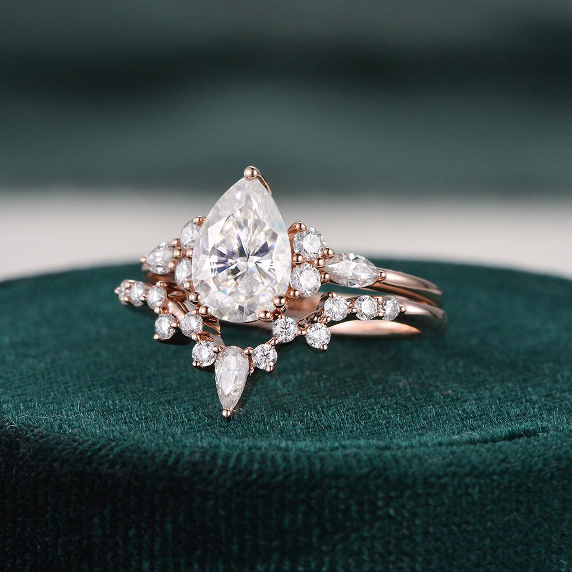 1.50 CT Pear Cut Cluster Moissanite Bridal Ring Set 3 1.50 CT Pear Cut Cluster Moissanite Bridal Ring Set 3