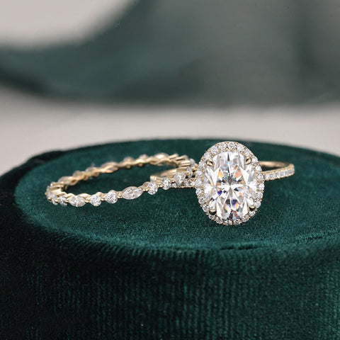 2.0 CT Oval Cut Halo Moissanite Bridal Ring Set 3 2.0 CT Oval Cut Halo Moissanite Bridal Ring Set 3