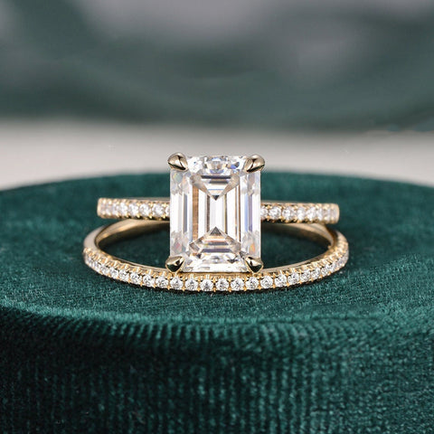 1.50 CT Emerald Cut Hidden Halo Moissanite Bridal Ring Set 1 1.50 CT Emerald Cut Hidden Halo Moissanite Bridal Ring Set 1