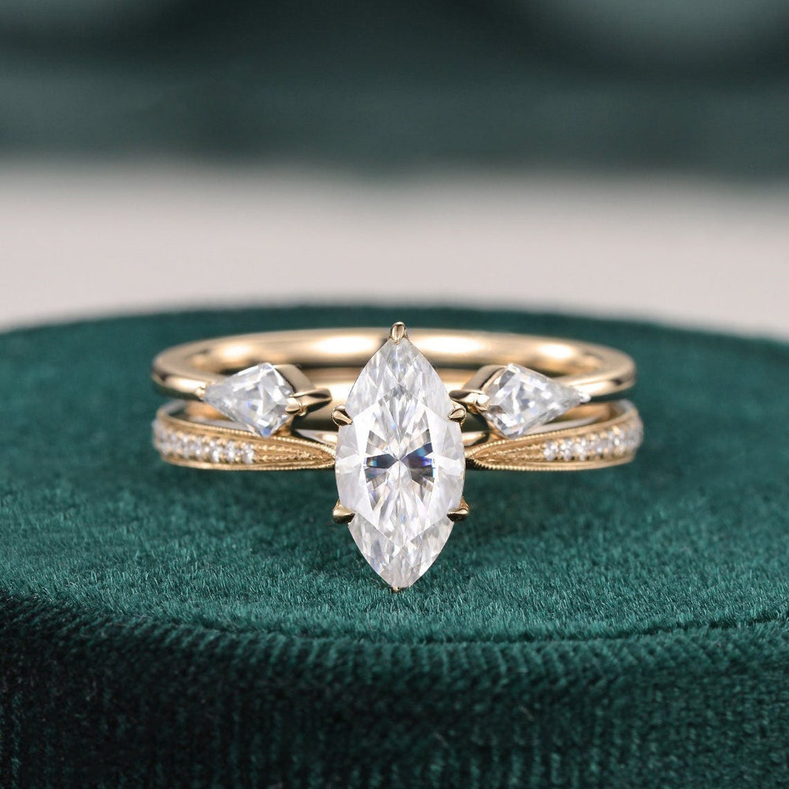 1.0 CT Marquise Cut Pave Moissanite Bridal Ring Set 1 1.0 CT Marquise Cut Pave Moissanite Bridal Ring Set 1