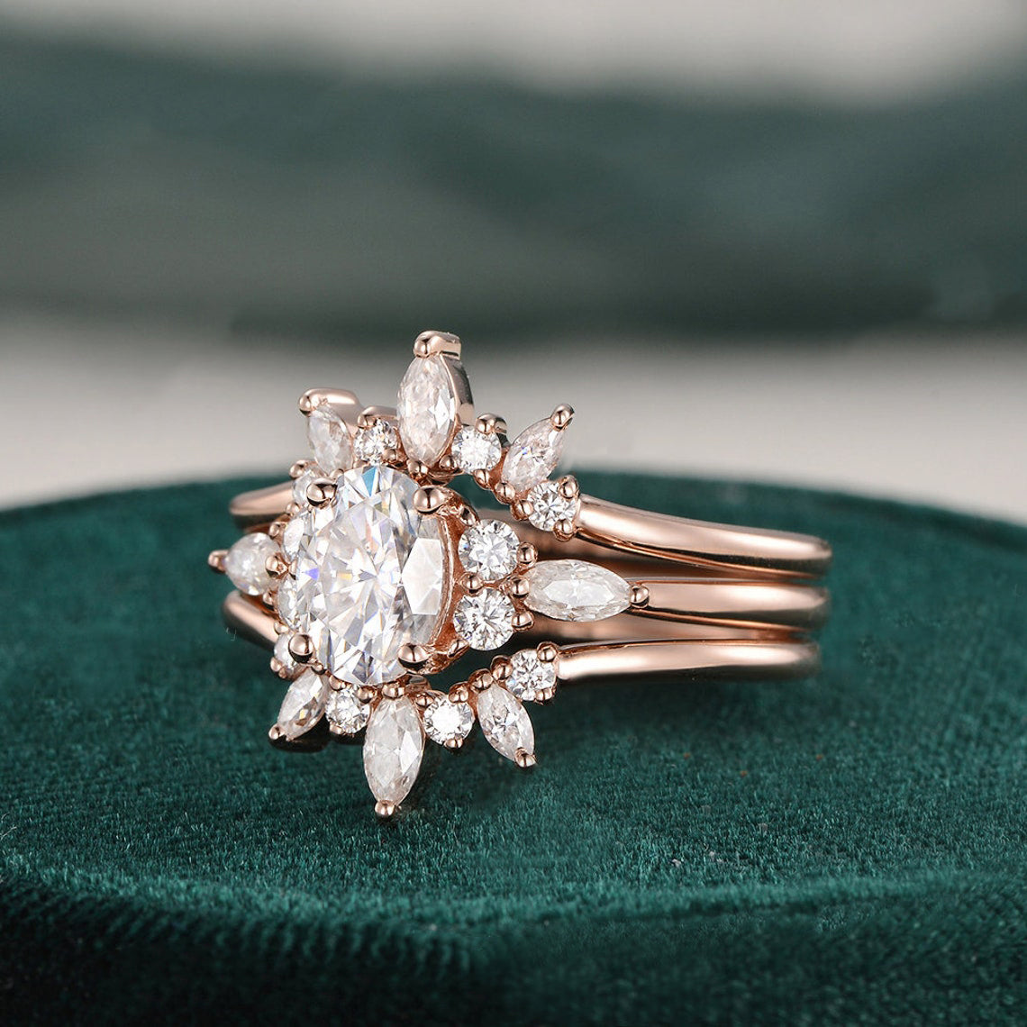 1.0 CT Oval Cut Cluster Moissanite Bridal Ring Set 5 1.0 CT Oval Cut Cluster Moissanite Bridal Ring Set 5