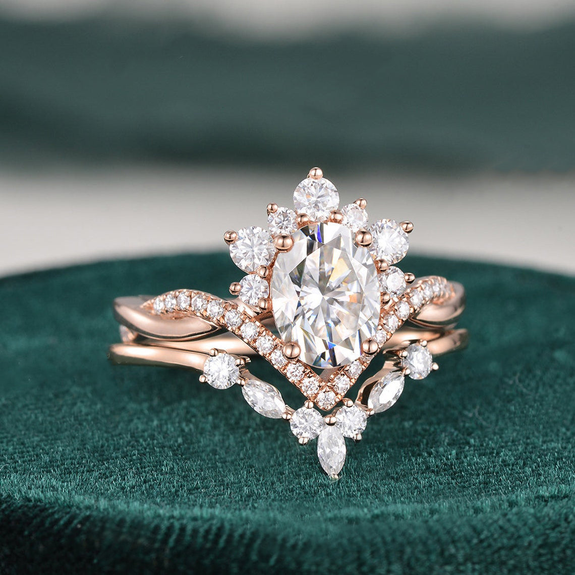 1.50 CT Oval Cut Twisted Art Deco Moissanite Bridal Ring Set 4 1.50 CT Oval Cut Twisted Art Deco Moissanite Bridal Ring Set 4