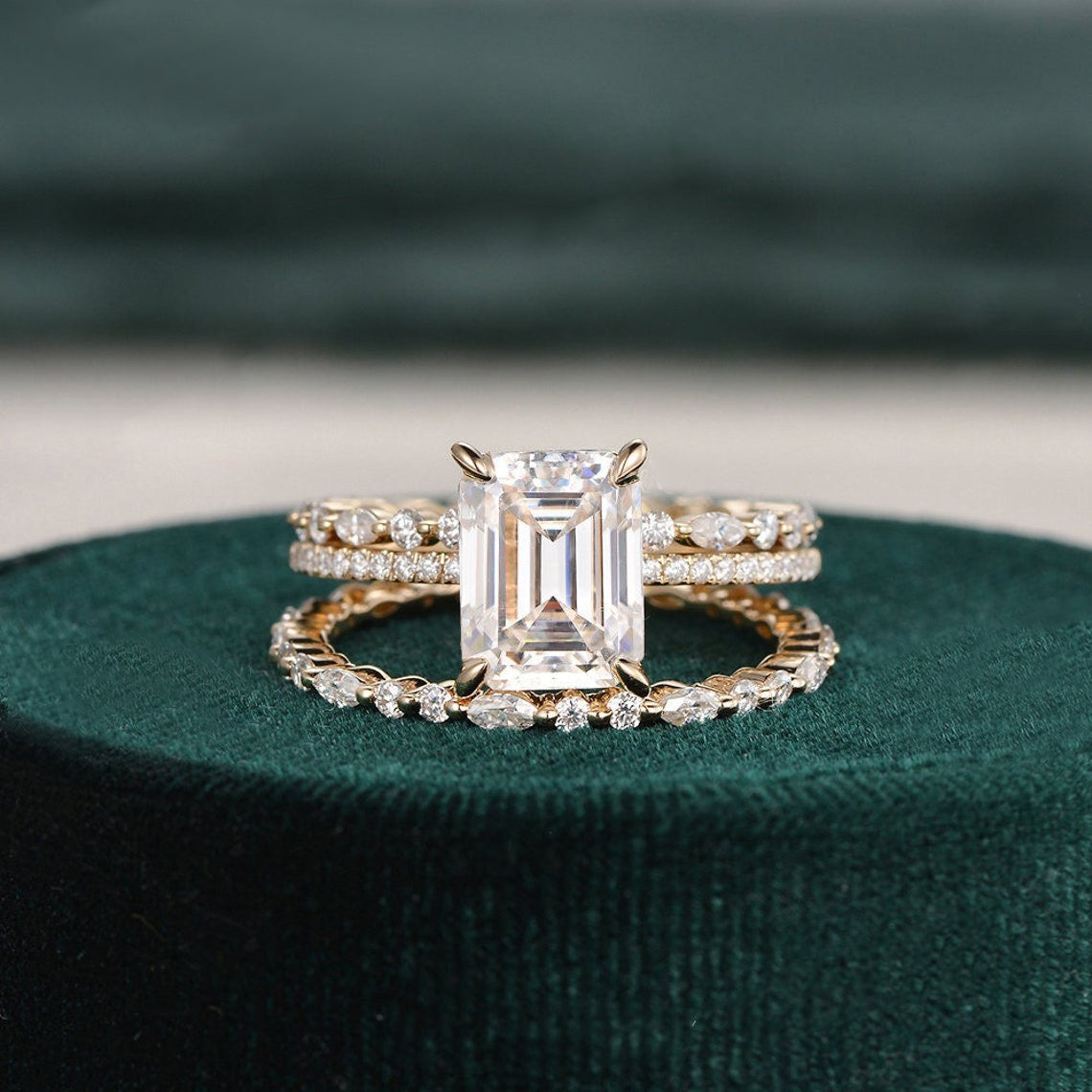 2.50 CT Emerald Cut Solitaire Style Moissanite Bridal Ring Set 5 2.50 CT Emerald Cut Solitaire Style Moissanite Bridal Ring Set 5