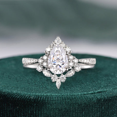 1.50 CT Pear Cut Cluster Art Deco Moissanite Bridal Ring Set 1 1.50 CT Pear Cut Cluster Art Deco Moissanite Bridal Ring Set 1