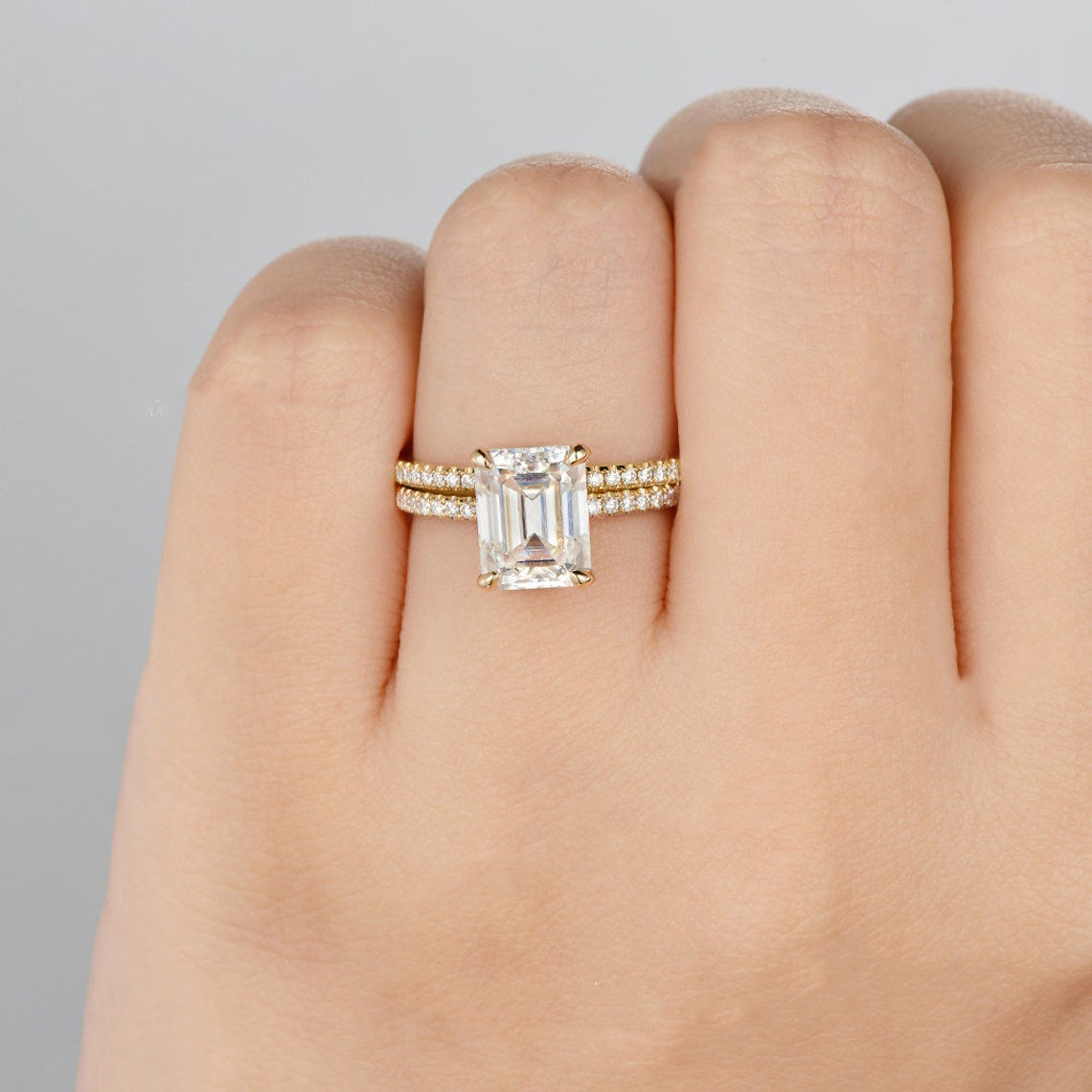 1.50 CT Emerald Cut Hidden Halo Moissanite Bridal Ring Set 2 1.50 CT Emerald Cut Hidden Halo Moissanite Bridal Ring Set 2