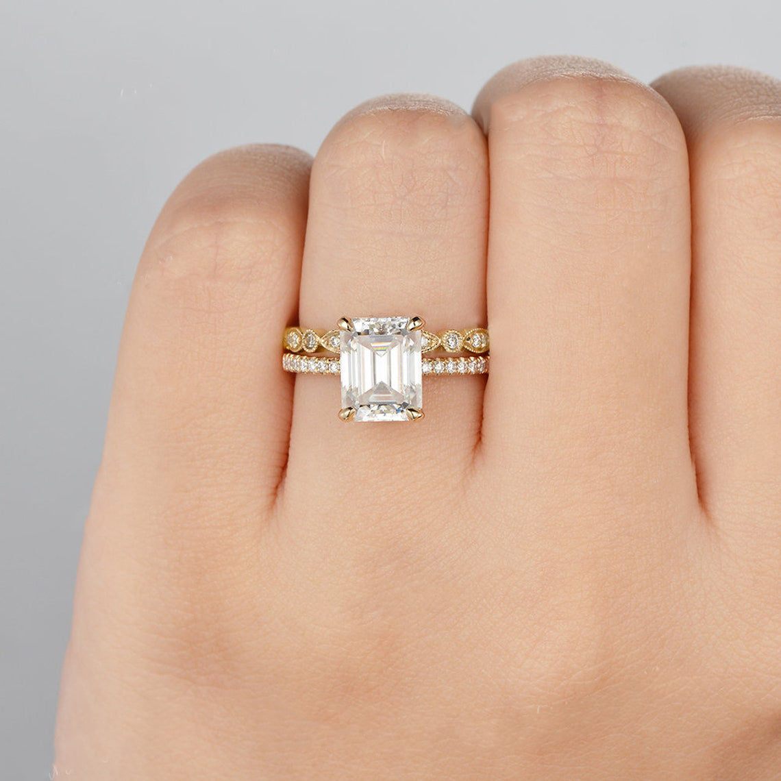 2.50 CT Emerald Cut Solitaire Style Moissanite Bridal Ring Set 2 2.50 CT Emerald Cut Solitaire Style Moissanite Bridal Ring Set 2