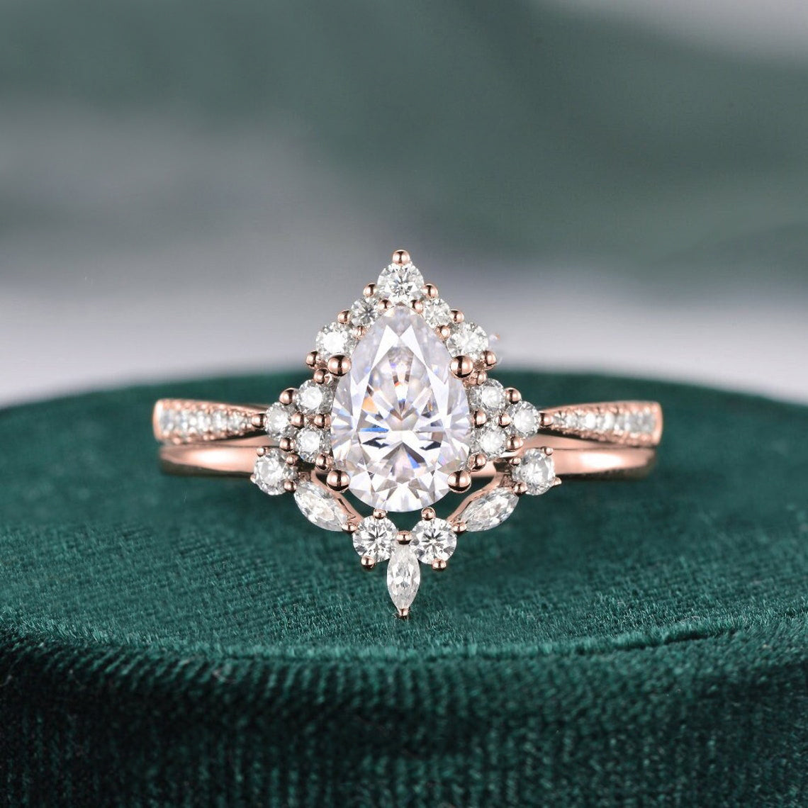 1.50 CT Pear Cut Cluster Art Deco Moissanite Bridal Ring Set 9 1.50 CT Pear Cut Cluster Art Deco Moissanite Bridal Ring Set 9