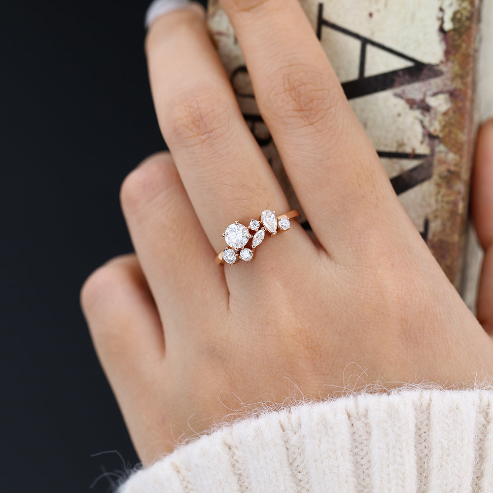 1.0 CT Round, Marquise & Pear Shaped Moissanite Cluster Wedding Band 5 1.0 CT Round, Marquise & Pear Shaped Moissanite Cluster Wedding Band 5