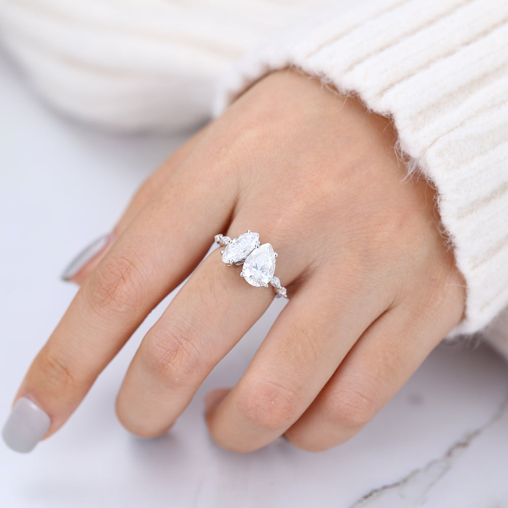 0.90 CT Marquise & 1.93 CT Pear Shaped Moissanite Two Stone Engagement Ring 6