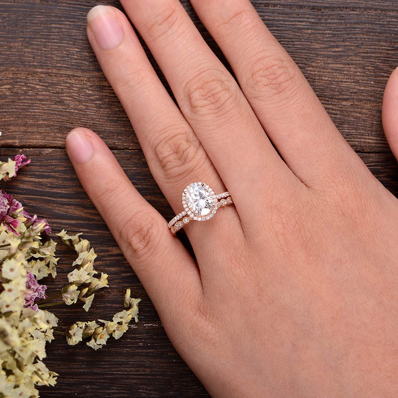 1.50 CT Oval Cut Halo Moissanite Bridal Ring Set 2 1.50 CT Oval Cut Halo Moissanite Bridal Ring Set 2