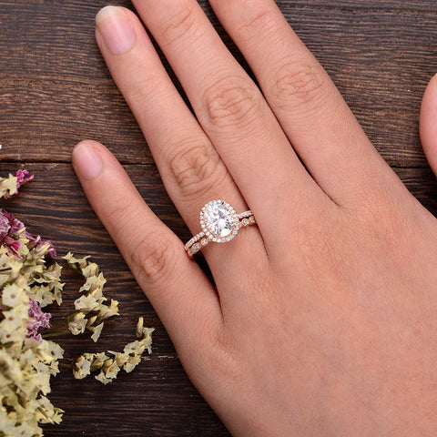 1.50 CT Oval Cut Halo Moissanite Bridal Ring Set 2 1.50 CT Oval Cut Halo Moissanite Bridal Ring Set 2