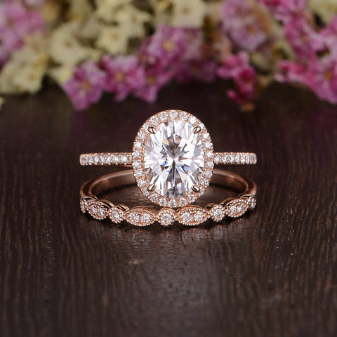 1.50 CT Oval Cut Halo Moissanite Bridal Ring Set 7 1.50 CT Oval Cut Halo Moissanite Bridal Ring Set 7