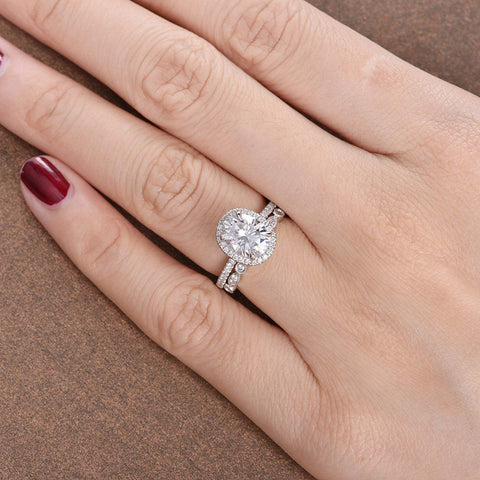 1.50 CT Oval Cut Halo Moissanite Bridal Ring Set 3 1.50 CT Oval Cut Halo Moissanite Bridal Ring Set 3
