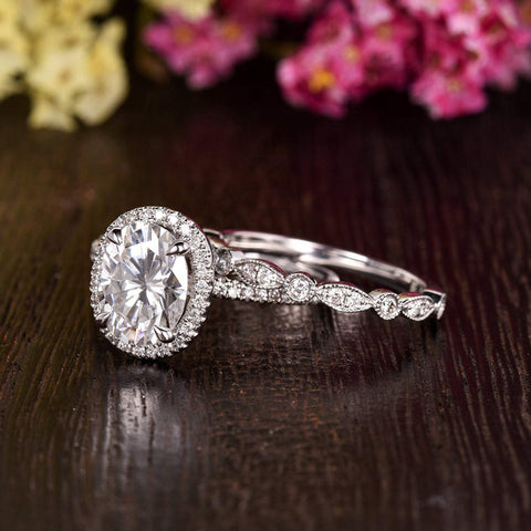 1.50 CT Oval Cut Halo Moissanite Bridal Ring Set 4 1.50 CT Oval Cut Halo Moissanite Bridal Ring Set 4
