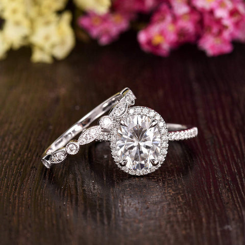 1.50 CT Oval Cut Halo Moissanite Bridal Ring Set 5 1.50 CT Oval Cut Halo Moissanite Bridal Ring Set 5