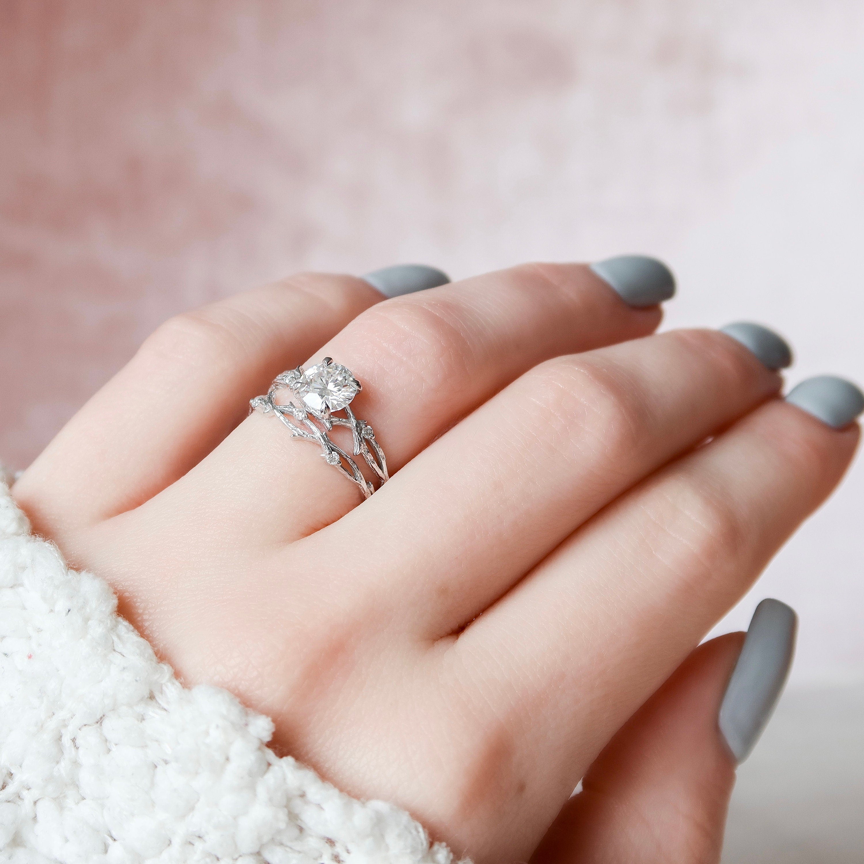 1.0 CT Round Twig Style Pave Moissanite Engagement Ring 8 1.0 CT Round Twig Style Pave Moissanite Engagement Ring 8