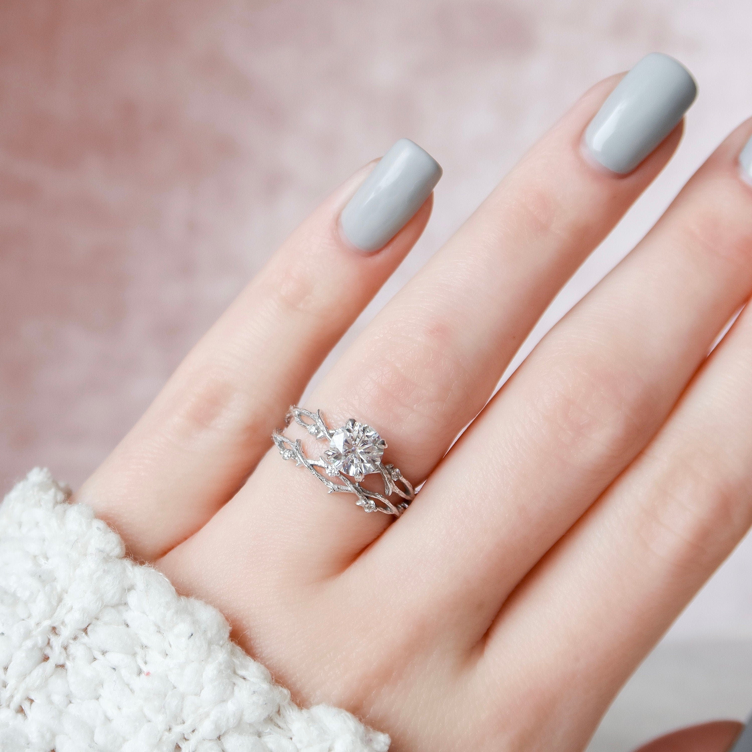 1.0 CT Round Twig Style Pave Moissanite Engagement Ring 6 1.0 CT Round Twig Style Pave Moissanite Engagement Ring 6