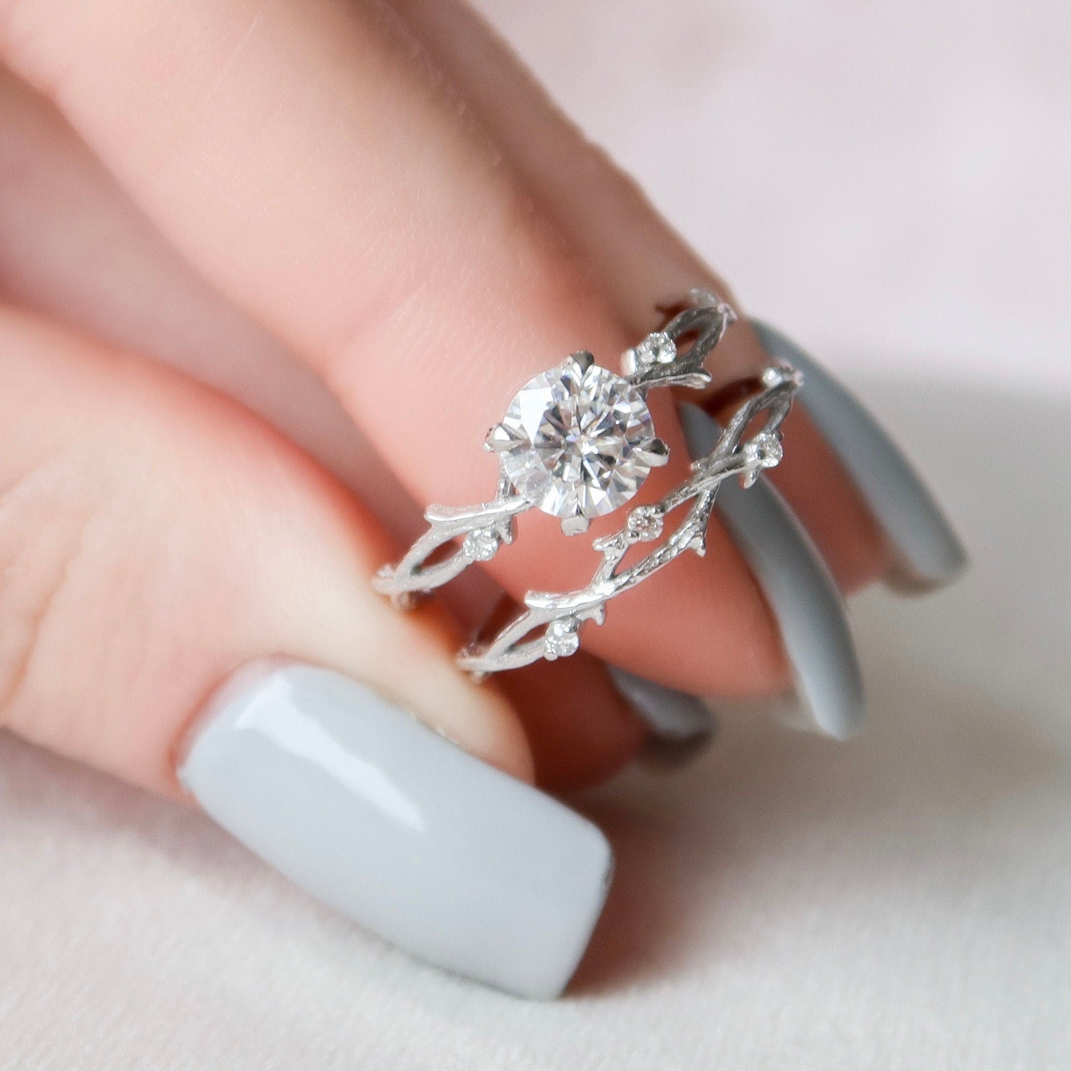 1.0 CT Round Twig Style Pave Moissanite Engagement Ring 5 1.0 CT Round Twig Style Pave Moissanite Engagement Ring 5