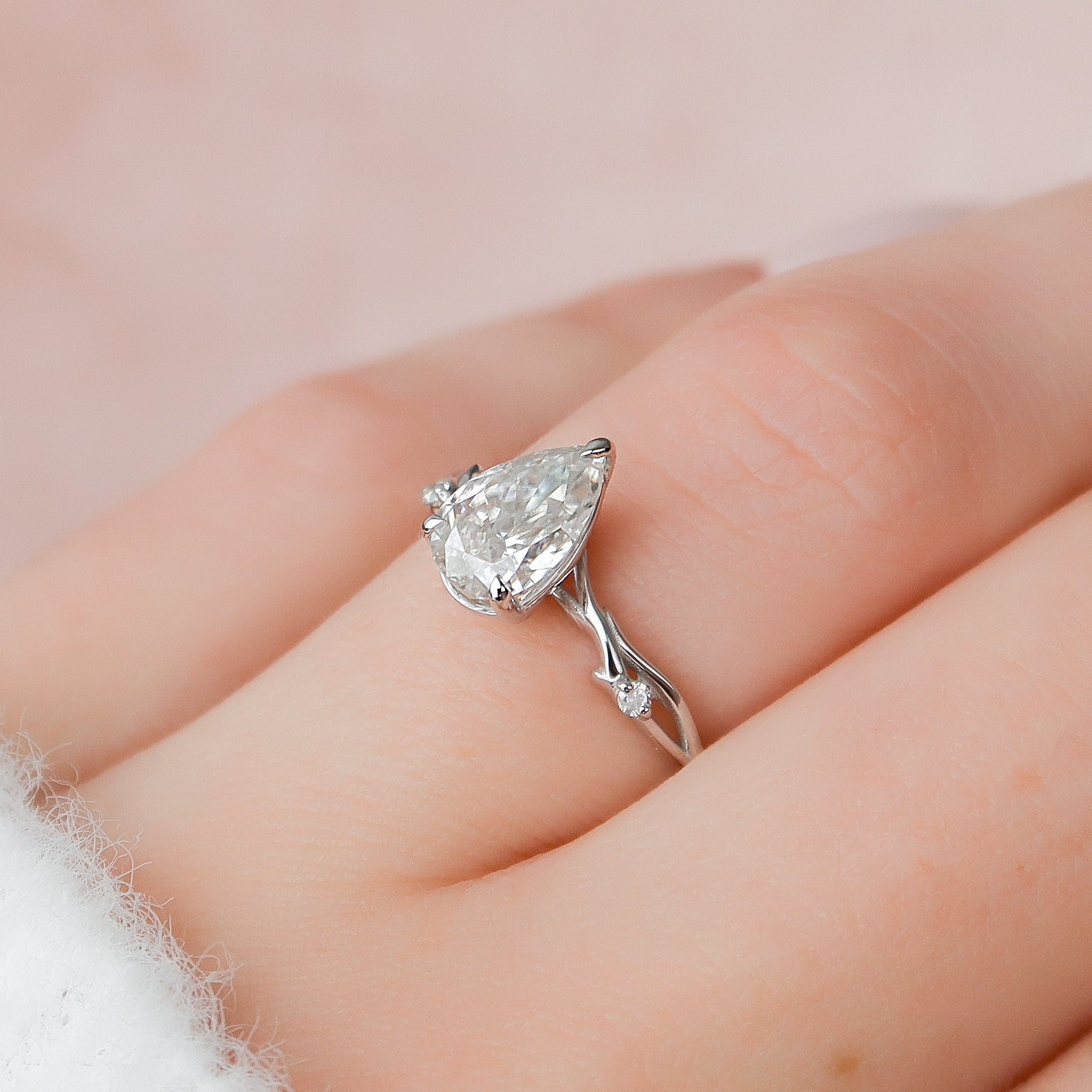 1.0 CT Pear Cut Twig Pave Setting Moissanite Engagement Ring 4 1.0 CT Pear Cut Twig Pave Setting Moissanite Engagement Ring 4