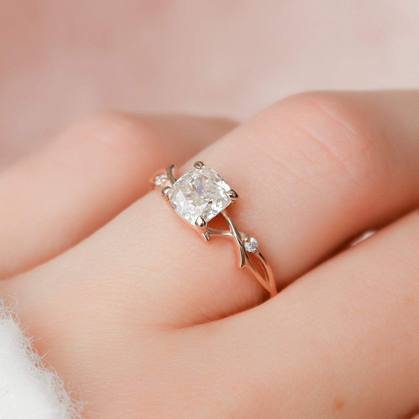 1.0 CT Cushion Shape Twig Setting Moissanite Engagement Ring