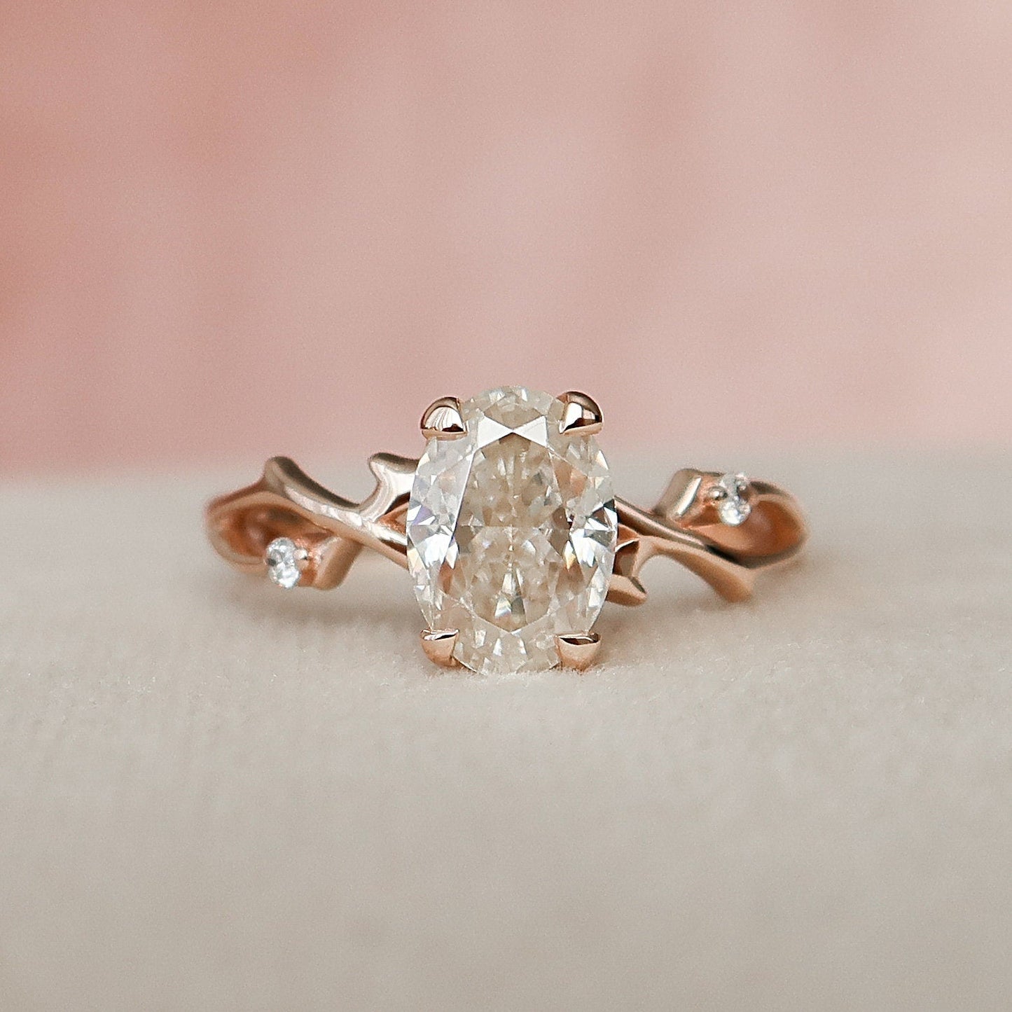 1.0 CT Oval Cut Twig Pave Moissanite Engagement Ring