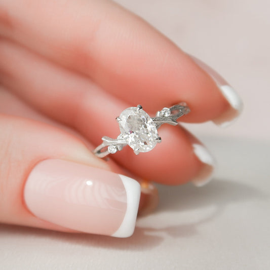 1.0 CT Oval Cut Twig Pave Moissanite Engagement Ring