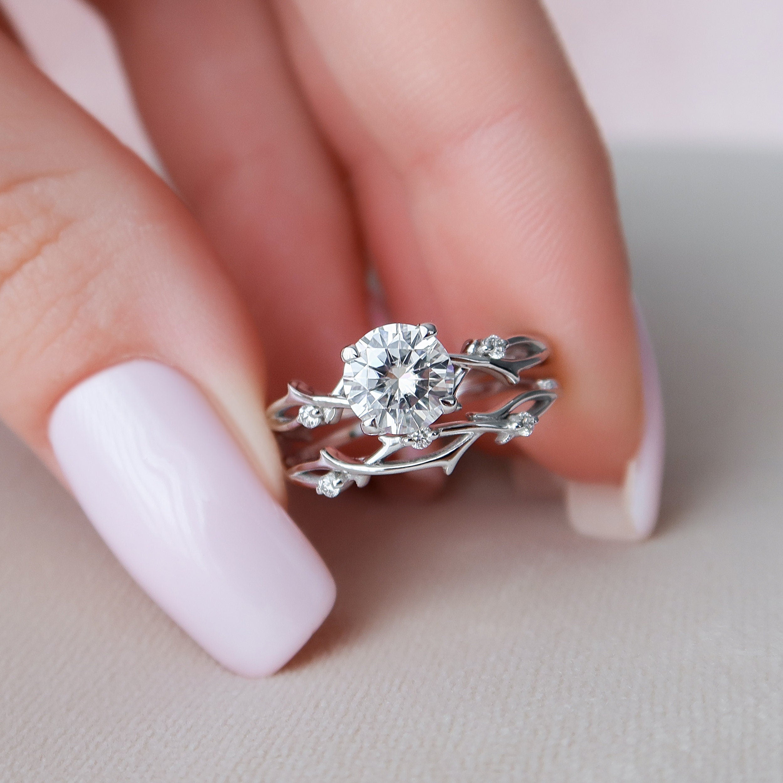1.0 CT Round Twig Style Pave Moissanite Engagement Ring 1 1.0 CT Round Twig Style Pave Moissanite Engagement Ring 1