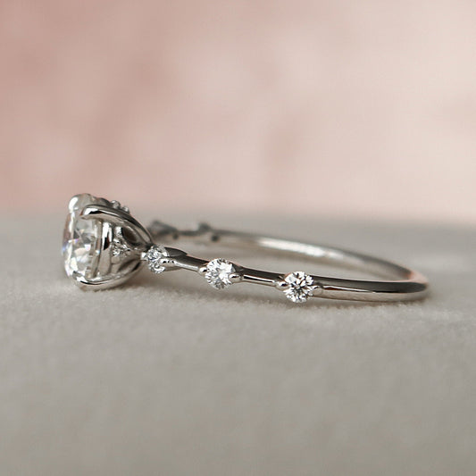 1.0 CT Round Shape Dainty Pave Moissanite Engagement Ring