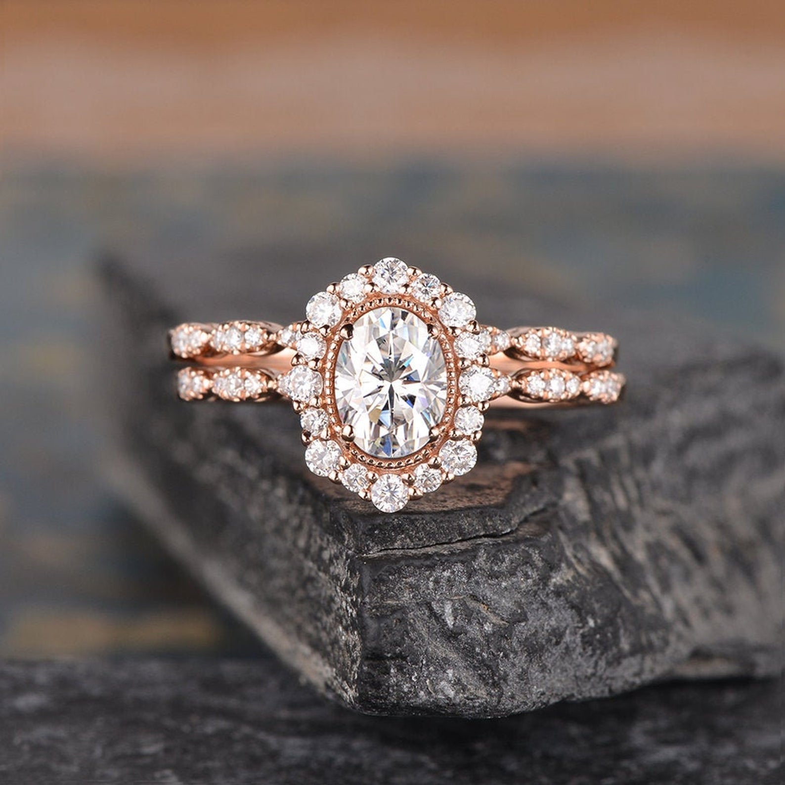 1.50 CT Oval Cut Halo Moissanite Bridal Ring Set 1 1.50 CT Oval Cut Halo Moissanite Bridal Ring Set 1