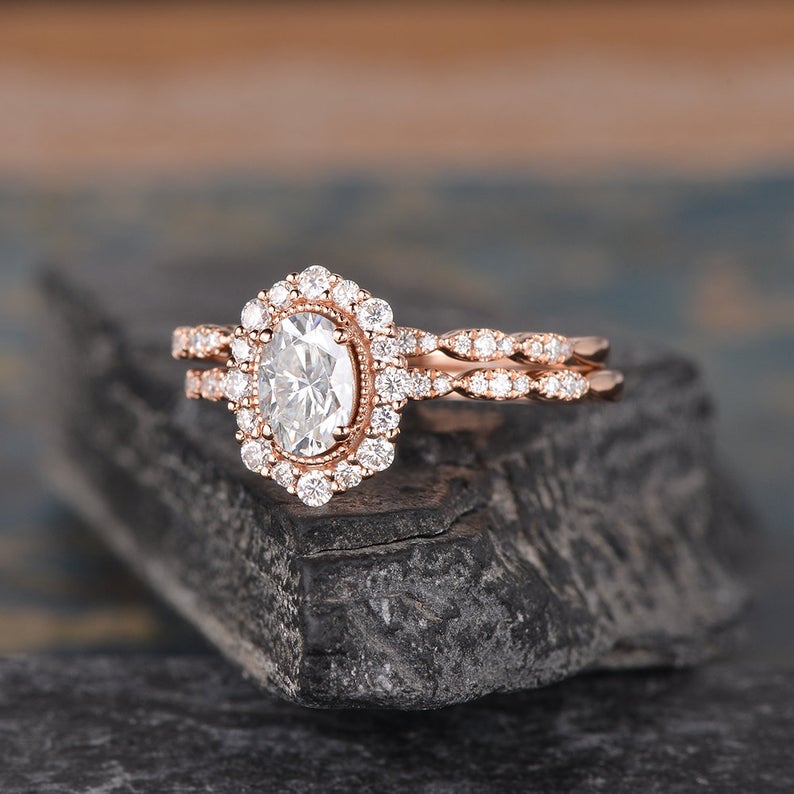 1.50 CT Oval Cut Halo Moissanite Bridal Ring Set 3 1.50 CT Oval Cut Halo Moissanite Bridal Ring Set 3