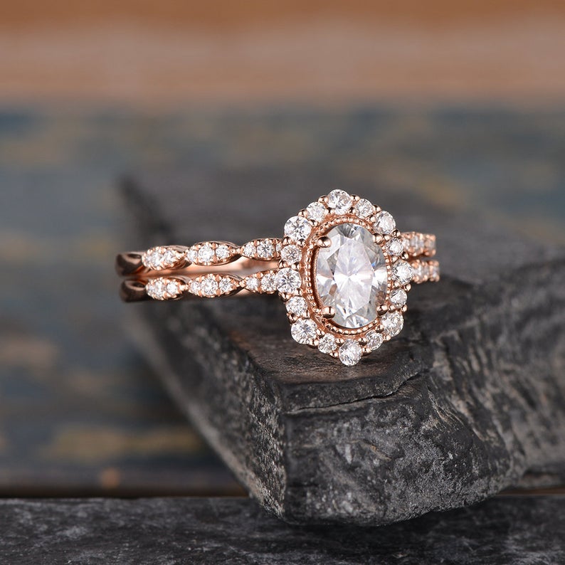 1.50 CT Oval Cut Halo Moissanite Bridal Ring Set 2 1.50 CT Oval Cut Halo Moissanite Bridal Ring Set 2